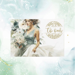 Carte D'accompagnement Mariage Gold Welcome Dusty Blue Eucalyptus Green
