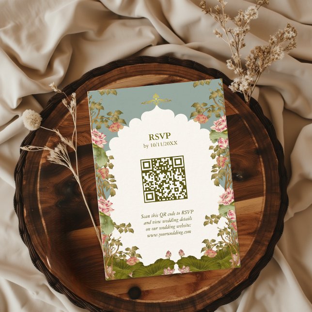 Carte D'accompagnement Mariage indien Floral Lotus Oriental QR code RSVP (RSVP Card with QR code Indian Wedding)