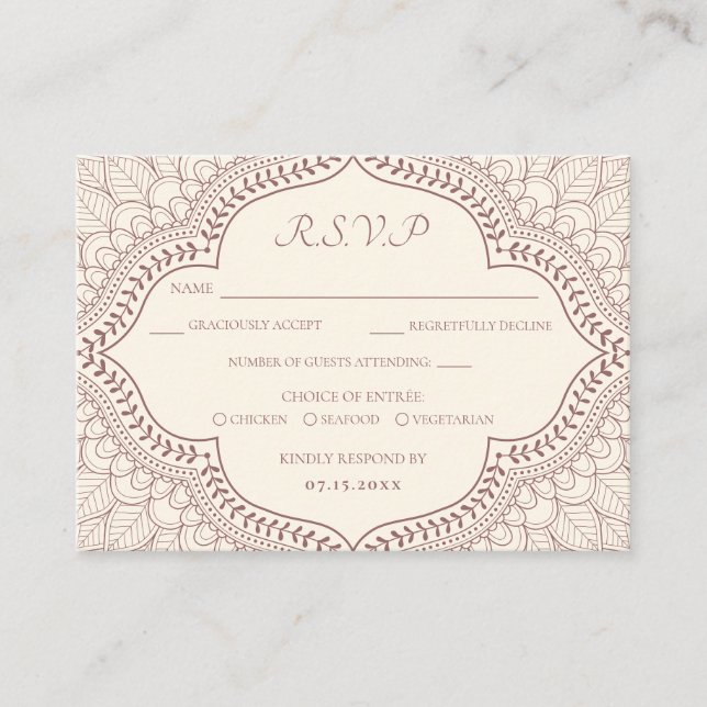 Carte D'accompagnement Mariage indien indien traditionnel Mehndi beige RS (Devant)