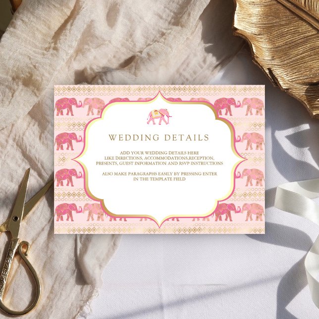 Carte D'accompagnement Mariage indien Pink and Gold Elephant Détails (Créateur téléchargé)