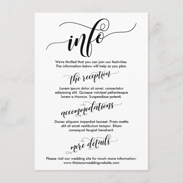 Carte D'accompagnement Mariage Info Simple Noir & Blanc Elaborer Script (Devant)