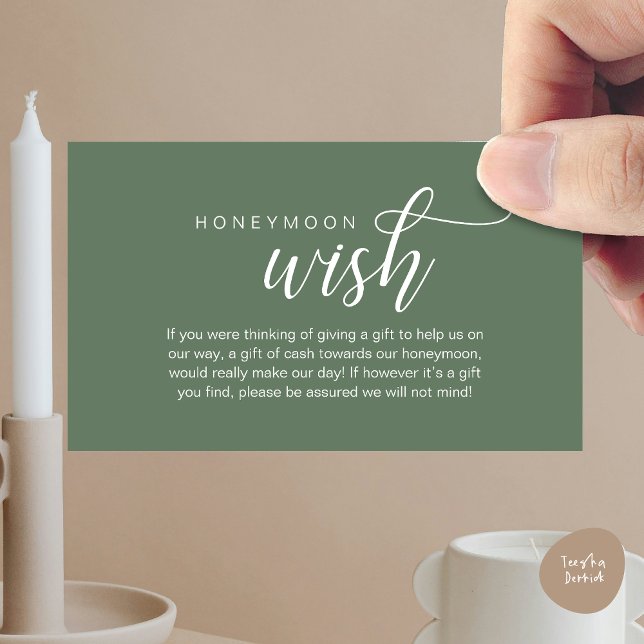 Carte D'accompagnement Mariage Lune de miel, Fonds, Espèces, Classique mo (Wedding Honeymoon Wish, Fund, Cash, Modern Classy Enclosure Card, Forest Sage Green Greenery)