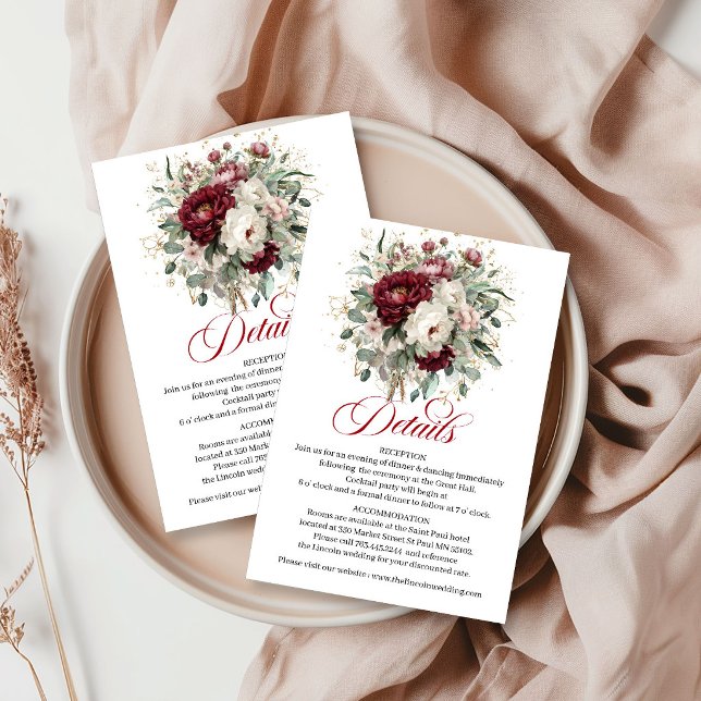 Carte D'accompagnement Mariage Luxe Marsala Floral Eucalyptus Or Détail (Luxury Marsala Floral Eucalyptus Gold Wedding Details Card)