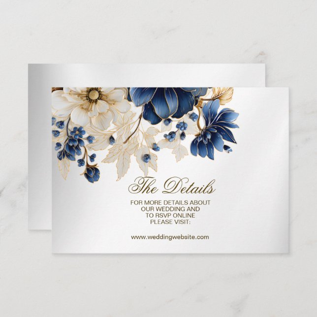 Carte D'accompagnement Mariage Marine Bleu Blanc Or Floral Argent (Devant / Derrière)