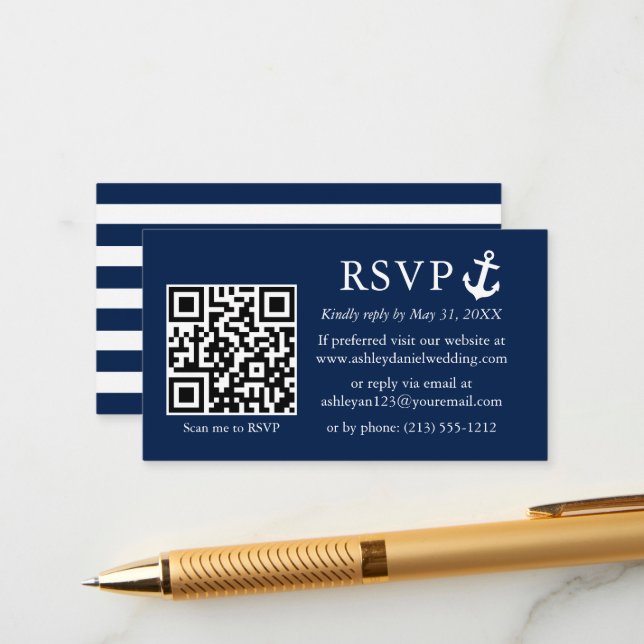 Carte D'accompagnement Mariage Marine Bleue Ancre RSVP QR Stried (Devant/Arrière en situation)