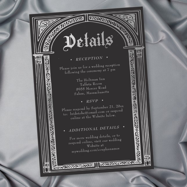 Carte D'accompagnement Mariage Médiéval Argent Noir Gothique (Gothic Black Silver Medieval Wedding Enclosure Card)