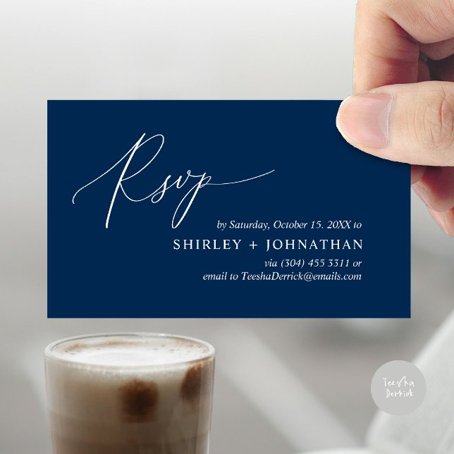 Carte D'accompagnement Mariage minimaliste moderne RSVP (Wedding invitation RSVP via Phone or email respond reminder Enclosure Card in aesthetic Navy Blue)