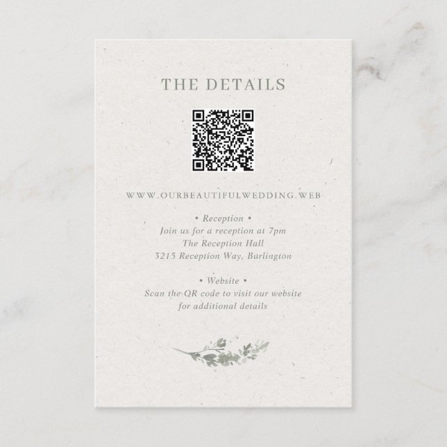 Carte D'accompagnement Mariage moderne avec code QR botanique vert sauge (Devant)