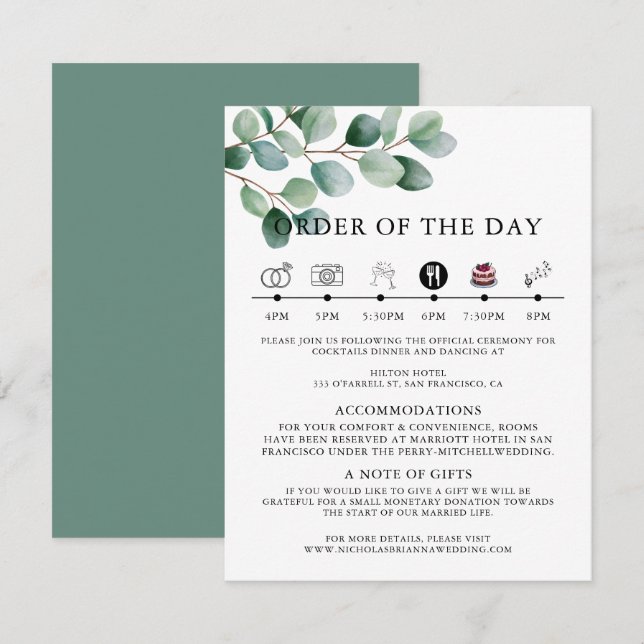 Carte D'accompagnement Mariage Moderne avec Feuillage d'Eucalyptus (Devant / Derrière)