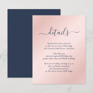 Carte D'accompagnement Mariage Moderne Bleu Nuit et Rose
