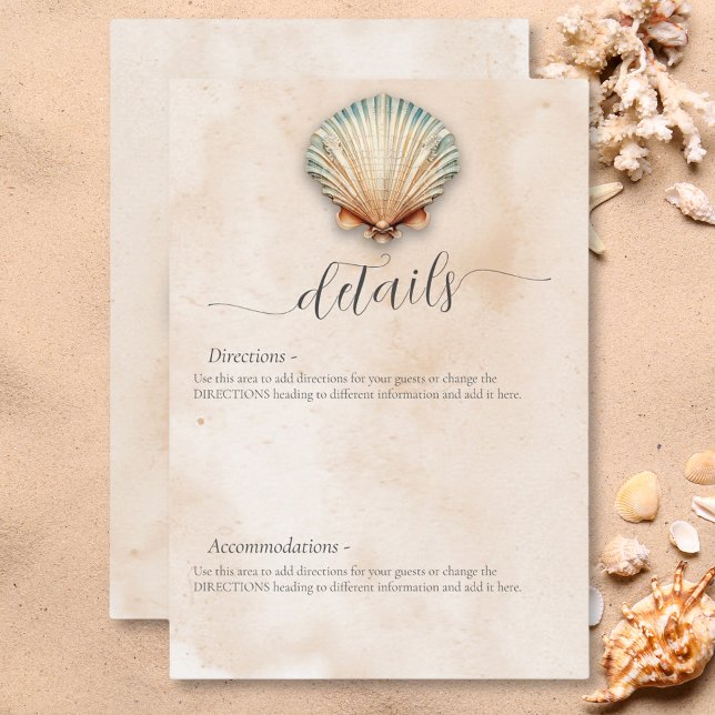Carte D'accompagnement Mariage moderne Coastal Seashell Sand Détails (Modern Coastal Seashell Sand Wedding Details Enclosure Card)