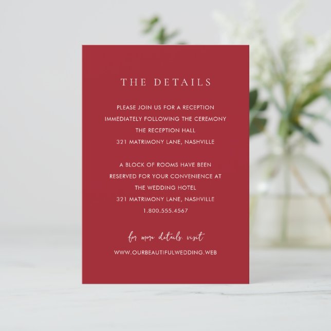 Carte D'accompagnement Mariage Moderne Élégant Rouge Rubis (Debout devant)