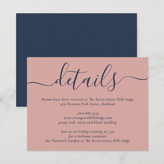 Carte D'accompagnement Mariage Moderne en Bleu Nuit et Rose Pâle avec Écr (Devant / Derrière)