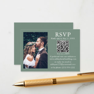 Carte D'accompagnement Mariage moderne minimaliste photo Sage vert QR RSV