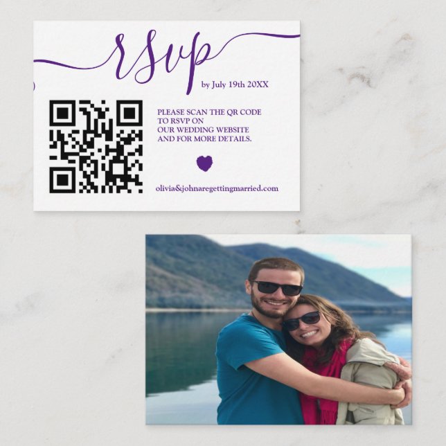 Carte D'accompagnement Mariage moderne violet rsvp Qr code photo Boîtier (Devant / Derrière)