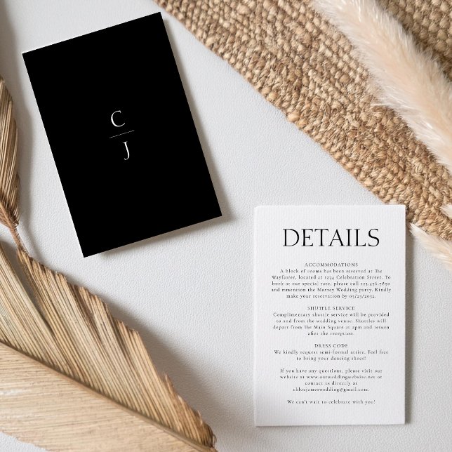 Carte D'accompagnement Mariage Monogram Elegant noir blanc Détails (Créateur téléchargé)