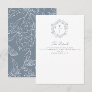 Carte D'accompagnement Mariage Monogramme Crête Florale Bleu Poussiéreux