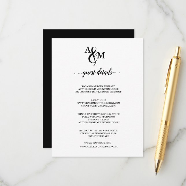 Carte D'accompagnement Mariage Monogramme Noir & Blanc Moderne (Devant/Arrière en situation)