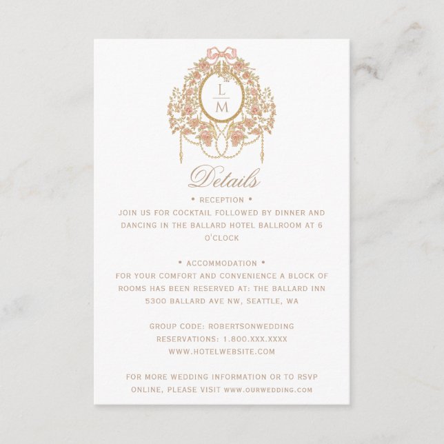Carte D'accompagnement Mariage Monogramme Rose Rococo Français (Devant)