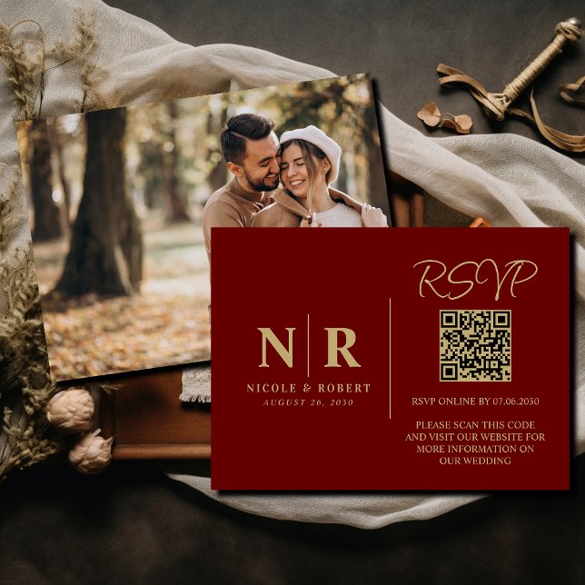 Carte D'accompagnement Mariage Monogramme RSVP QR Code Photo Élégante (Créateur téléchargé)