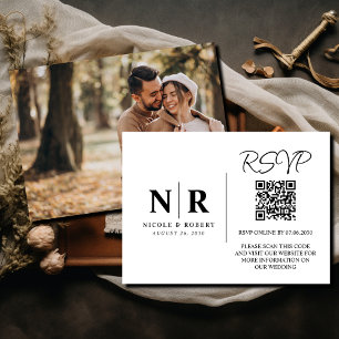 Carte D'accompagnement Mariage Monogramme RSVP QR Code Photo Élégante