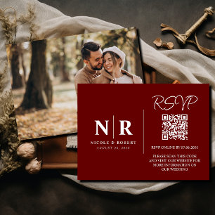 Carte D'accompagnement Mariage Monogramme RSVP QR Code Photo Élégante