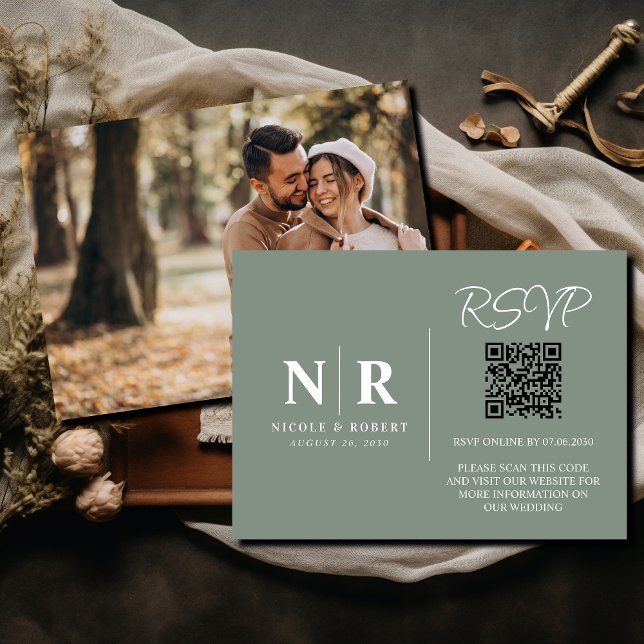 Carte D'accompagnement Mariage Monogramme RSVP QR Code Photo Élégante (Créateur téléchargé)