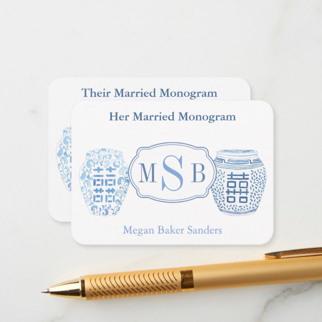 Carte D'accompagnement Mariage Monogrammes Bleu Et Blanc Shower De Mariée (Devant/Arrière en situation)