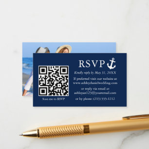 Carte D'accompagnement Mariage Nautical Navy Blue Ancre RSVP QR Photo