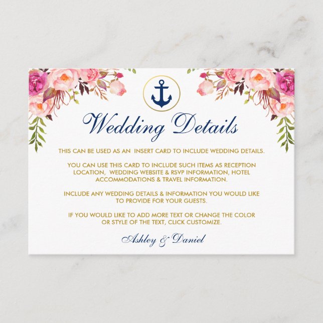 Carte D'accompagnement Mariage nautique Détails Floral Blue Insert Card S (Devant)
