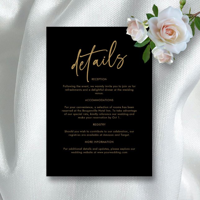 Carte D'accompagnement Mariage noir et or intemporel (Timeless Black and Gold Wedding Enclosure Card)