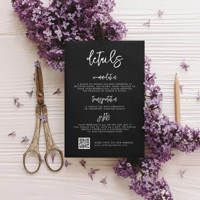 Carte D'accompagnement Mariage noir moderne contemporain détails code QR (Créateur téléchargé)