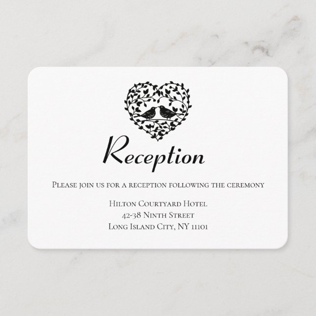 Carte D'accompagnement Mariage Noir Réception Lovebirds Fleur de cœur (Devant)