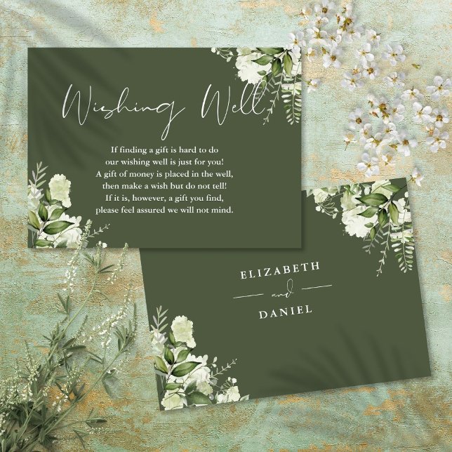 Carte D'accompagnement Mariage Olive Verte Florale Souhaits Puits Enclos (Olive Green Greenery Floral Wishing Well Wedding Enclosure Card)