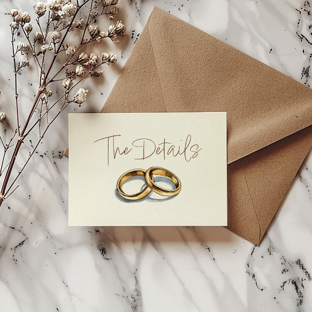 Carte D'accompagnement Mariage or sonne les détails RSVP Enclôture (A stunning illustration of two gold wedding rings, the details card.)
