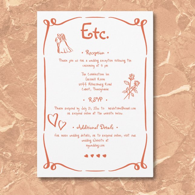 Carte D'accompagnement Mariage orangé de Sunset Retro Whimsical (Whimsical Retro Hand Drawn Sunset Orange Wedding Enclosure Card)
