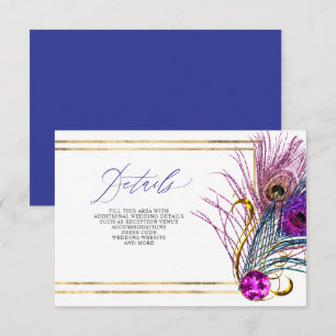 Carte D'accompagnement Mariage Pailleté Or Bleu Violet Plume de Paon
