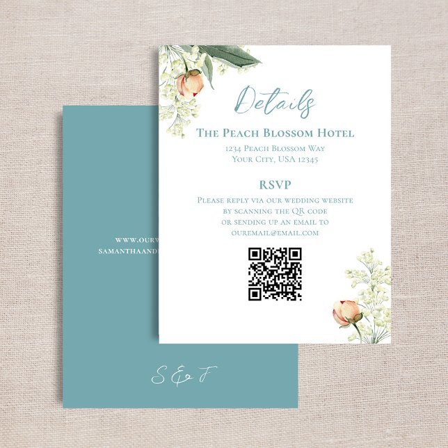 Carte D'accompagnement Mariage Peach Blue Détails QR Code RSVP (Wedding details card with a scannable QR code template. )
