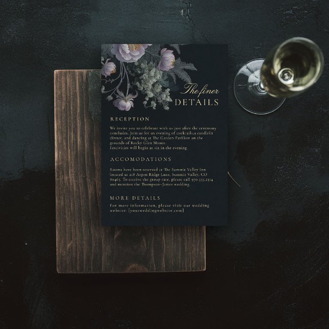 Carte D'accompagnement Mariage Peony Moody Détails du boîtier (dark moody wedding details card lilac purple dusty peony painting romantic gothic winter fall)