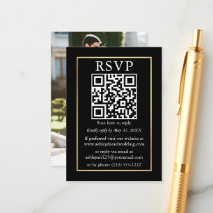 Carte D'accompagnement Mariage photo QR minimaliste or noir RSVP