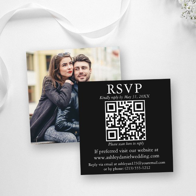 Carte D'accompagnement Mariage photo QR simple moderne noir RSVP (Customize to change text size or text style.)