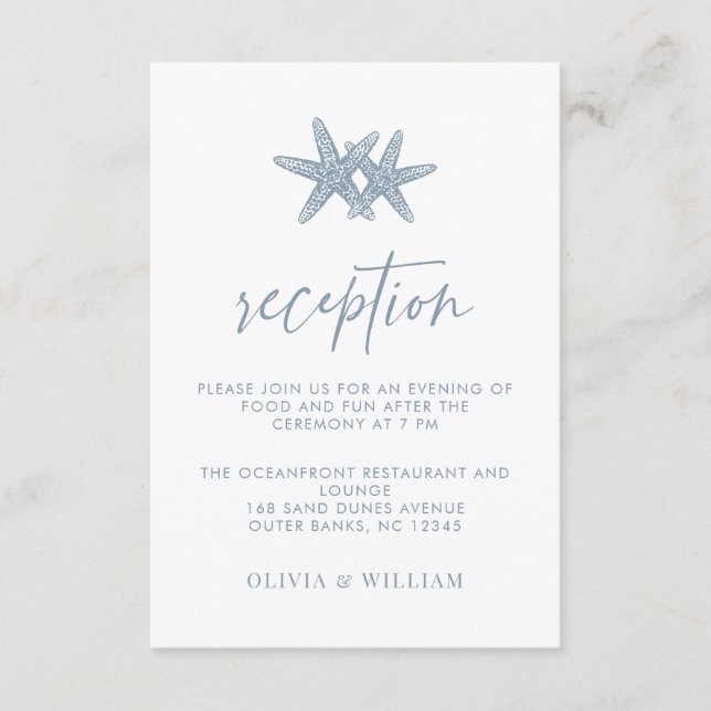 Carte D'accompagnement Mariage plage Starfish Dusty Blue Réception (Devant)