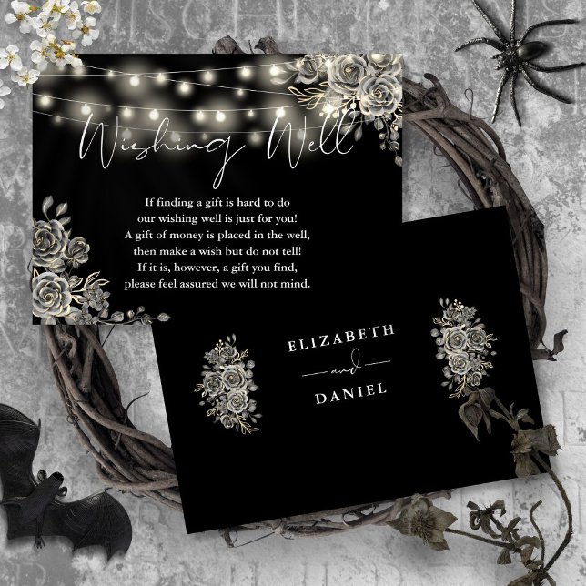 Carte D'accompagnement Mariage Puits de Désirs Rose Gothique Noir avec Lu (Black Gothic Rose Lights Wishing Well Wedding Enclosure Card)