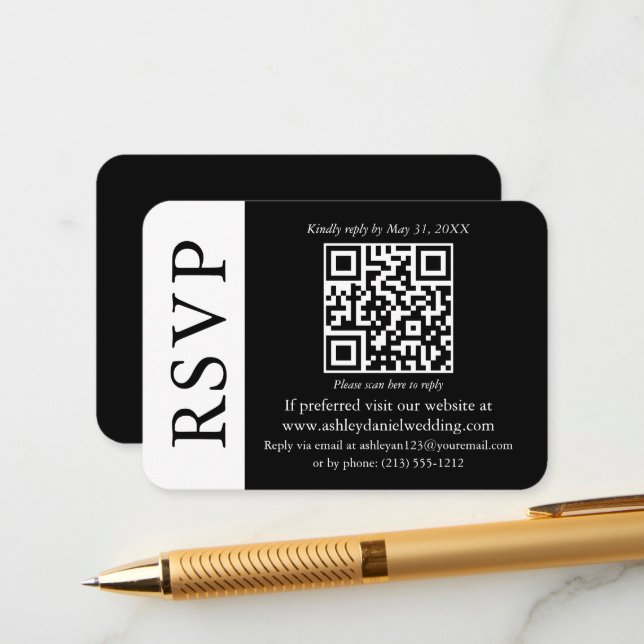 Carte D'accompagnement Mariage QR moderne noir et blanc RSVP (Devant/Arrière en situation)