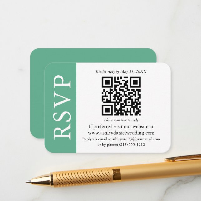 Carte D'accompagnement Mariage QR moderne RSVP Mint vert et blanc (Devant/Arrière en situation)