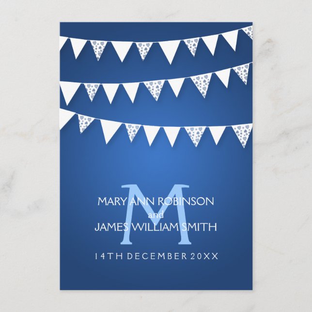 Carte D'accompagnement Mariage Réception Amour Guirlande Monogramme Bleu (Devant)