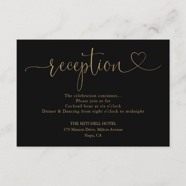 Carte D'accompagnement Mariage Réception Black And Gold Heart Script (Devant)