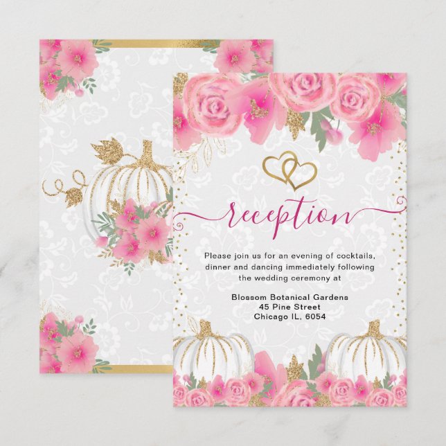 Carte D'accompagnement Mariage Réception Citrouille Fleurs Roses (Devant / Derrière)