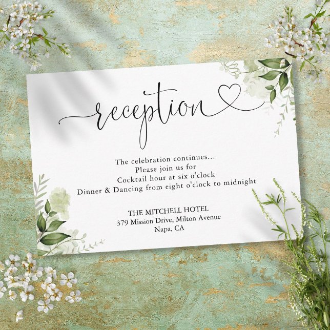 Carte D'accompagnement Mariage Réception Écriture Fleurie de Verdure (Greenery Floral Heart Script Wedding Reception Enclosure Card)