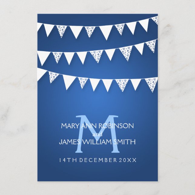Carte D'accompagnement Mariage Réception Love Bunting Monogram Bleu (Devant)